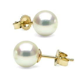 Untreated, Natural Color White Hanadama Akoya Pearl Earrings, 7.0-7.5mm