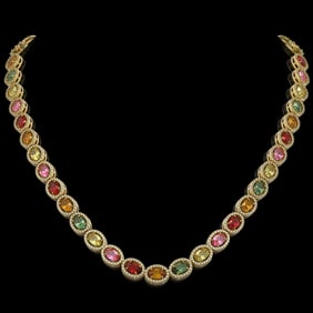 31.96 ctw Multi Color Sapphire & Diamond Micro Pave Necklace 10k Yellow Gold