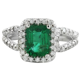Emerald Diamond Ring 14K White Gold