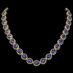 64.01 ctw Sapphire & Diamond Micro Pave Halo Necklace 10k Yellow Gold