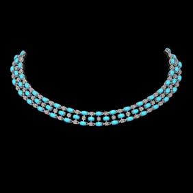 28.79 ctw Turquoise & Diamond Necklace 10K White Gold