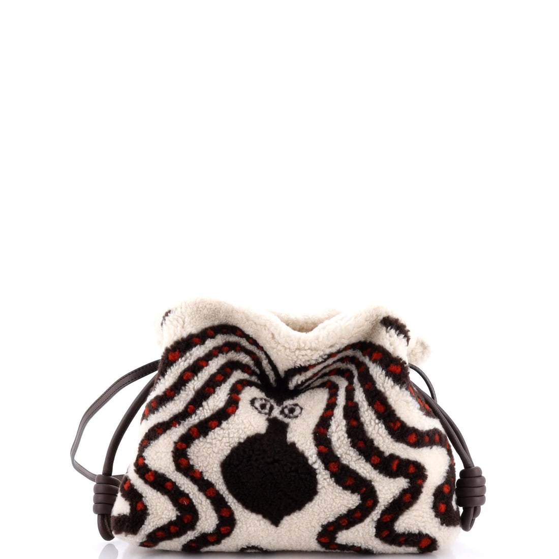 Loewe x Bernard Leach Flamenco Knot: Loewe x Bernard Leach Flamenco Knot Clutch Printed Shearling Small Exterior Color: Brown, Neutral, White Interior Color: Brown Exterior Material: Shearling Interior Material: Suede Hardware Color: Gol