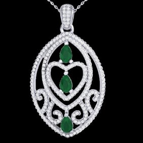 3.50 ctw Emerald & Micro Pave Diamond Heart Necklace 18k White Gold