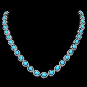 29.73 ctw Turquoise & Diamond Micro Pave Halo Necklace 10k White Gold