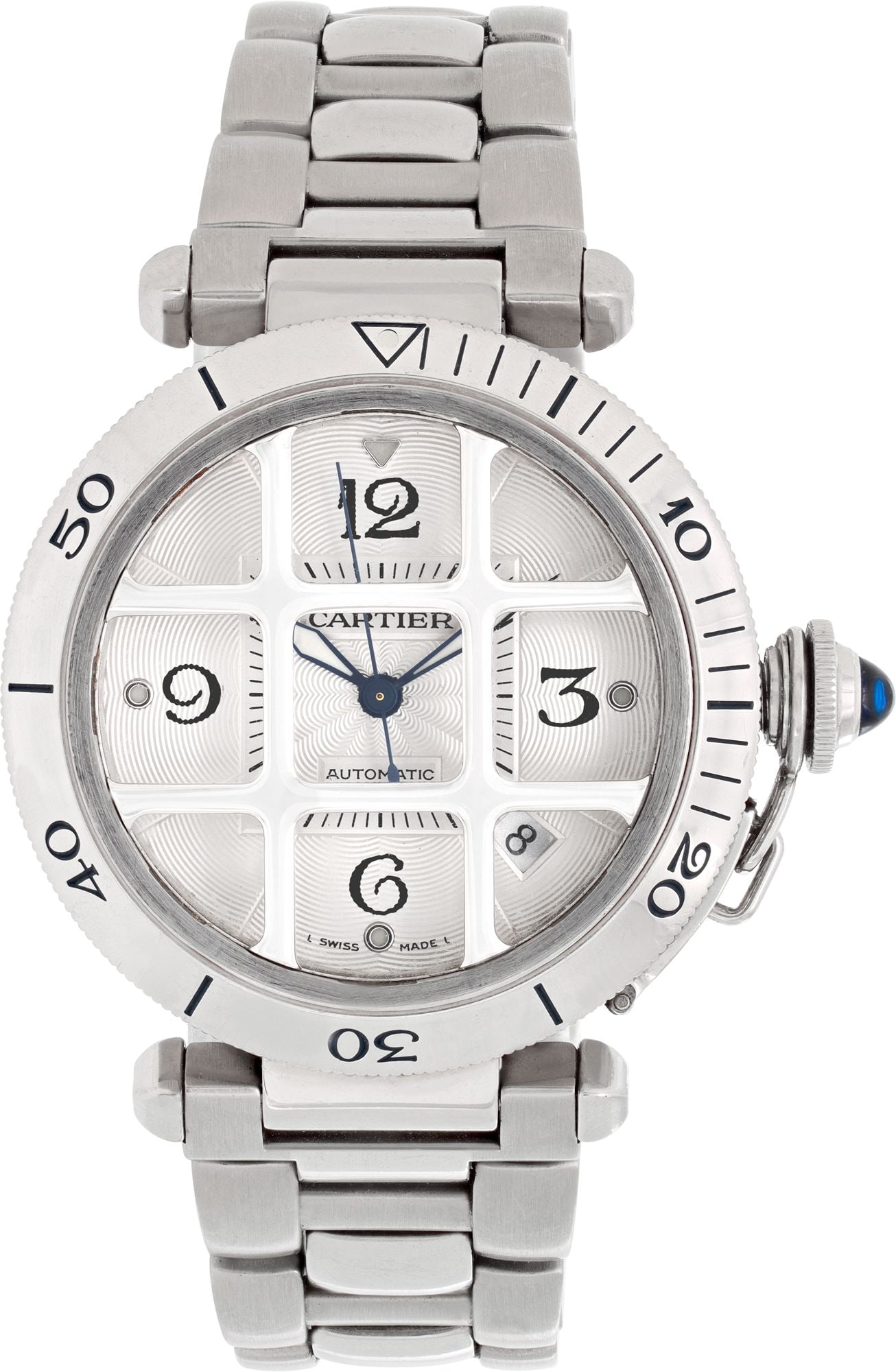 Cartier Pasha 38mm with grid in: Cartier Pasha 38mm with grid in stainless steel Brand: Cartier Model: Pasha 38 Model No: W31040H3 Case Size: 38mm SKU no: RBJ98********** Features: Sweep Seconds, Date Movement: Automatic