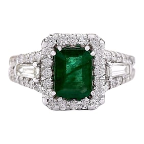 Emerald Diamond Ring 14K White Gold
