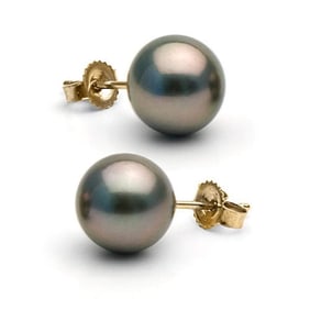 Black Tahitian Pearl Stud Earrings, 9.0-10.0mm