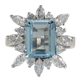 Natural Aquamarine Diamond Ring In 14