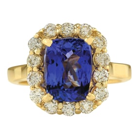 4.15 CTW Tanzanite 18K Yellow Gold Diamond Ring
