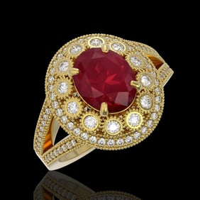4.55 ctw Certified Ruby & Diamond Victorian Ring 14K Yellow Gold