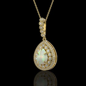 4.14 ctw Certified Opal & Diamond Victorian Necklace 14K Yellow Gold