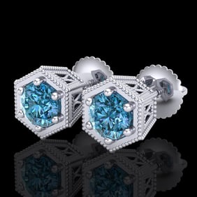 1.15 ctw Fancy Intense Blue Diamond Art Deco Earrings 18k White Gold