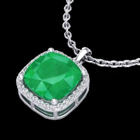 6 ctw Emerald & Micro Pave Halo VS/SI Diamond Necklace 18k White Gold