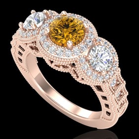 2.16 ctw Intense Fancy Yellow Diamond Art Deco Ring 18k Rose Gold