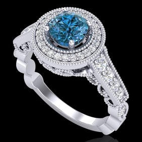 1.12 ctw Fancy Intense Blue Diamond Art Deco Ring 18k White Gold