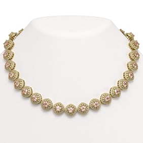 68.97 ctw Morganite & Diamond Victorian Necklace 14K Yellow Gold