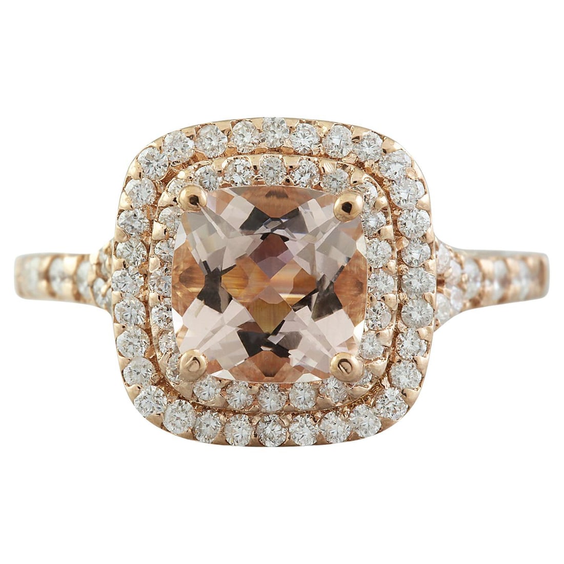 2.25 CTW Morganite 14K Rose Gold Diamond Ring: 2.25 CTW Natural Morganite 14K Rose Gold Diamond Ring Ring Size: 7 US, Resizable Metal: 14k Gold, Rose Gold Stone: Diamond, Morganite Stone Cut: Cushion Cut Place of Origin: United States Period: 2010