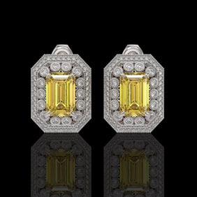 11.03 ctw Canary Citrine & Diamond Victorian Earrings 14K White Gold