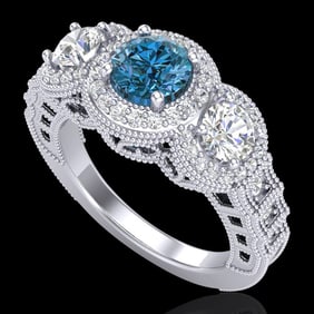 2.16 ctw Intense Blue Diamond Art Deco 3 Stone Ring 18k White Gold