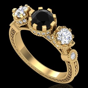 1.75 ctw Fancy Black Diamond Art Deco 3 Stone Ring 18k Yellow Gold