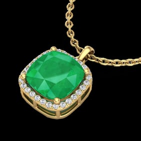 6 ctw Emerald & Micro Pave Halo VS/SI Diamond Necklace 18k Yellow Gold