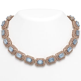 109.25 ctw Aquamarine & Diamond Victorian Necklace 14K Rose Gold