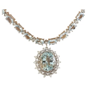 Aquamarine Diamond Necklace 14K White Gold