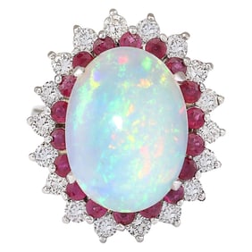 Opal Ruby Diamond Ring 14K White Gold