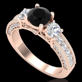 2.07 ctw Fancy Black Diamond Art Deco 3 Stone Ring 18k Rose Gold