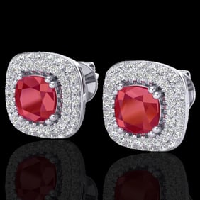 2.16 ctw Ruby & Micro VS/SI Diamond Earrings Halo 18k White Gold