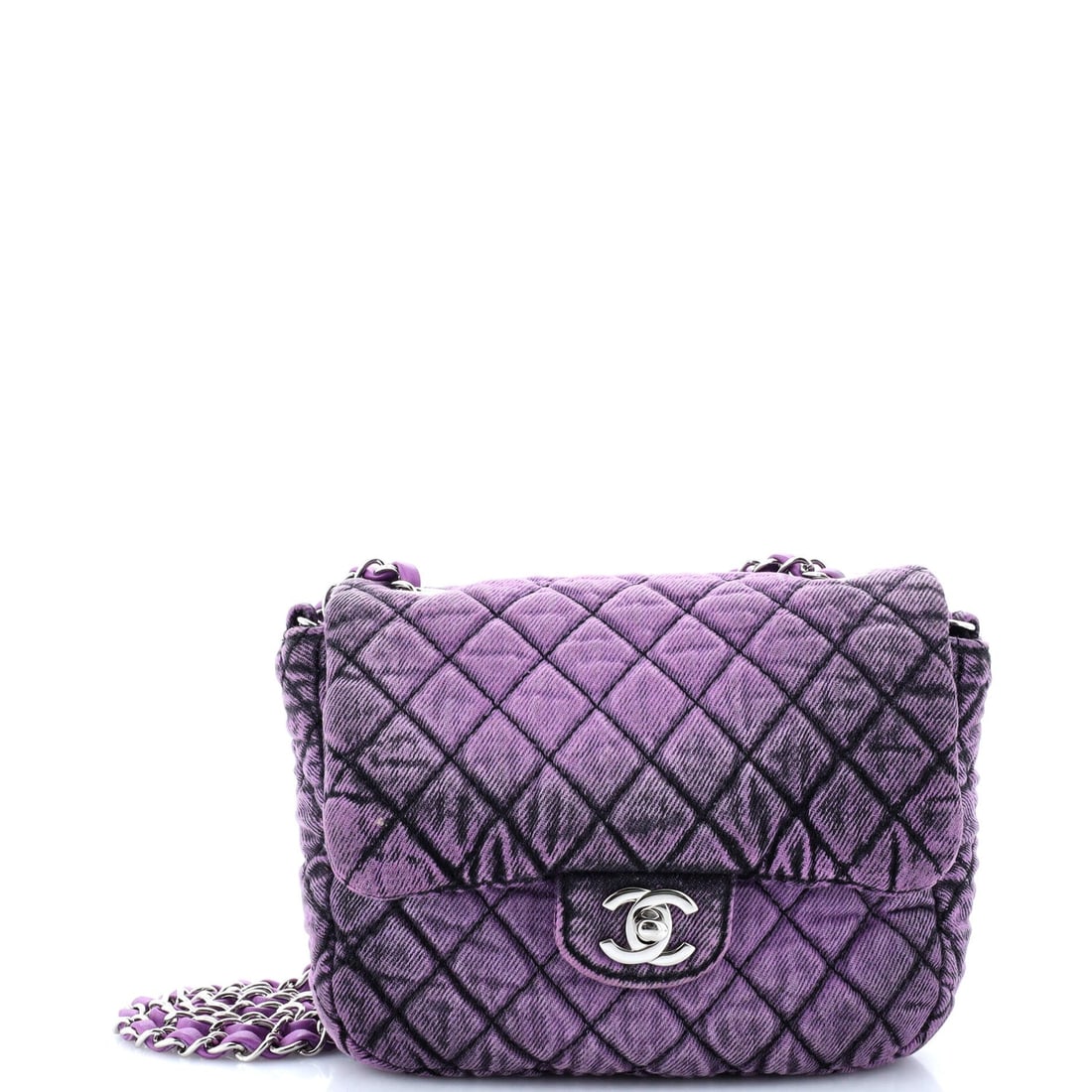 Chanel Denimpression Flap Bag Quilted Distressed: Chanel Denimpression Flap Bag Quilted Distressed Denim Small Exterior Color: Purple Interior Color: Purple Exterior Material: Denim Interior Material: Denim Hardware Color: Silver Accessories: No