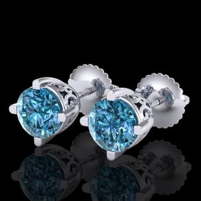 1.5 ctw Fancy Intense Blue Diamond Art Deco Earrings 18k White Gold