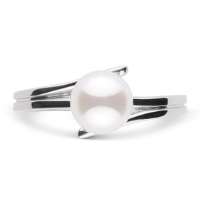 White Japanese Akoya Pearl Glance Solitaire Ring, 6.5-7.0mm