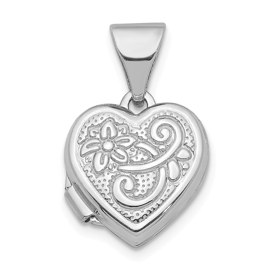 14k White Gold Heart Locket Pendant - 16 mm: 14k White Gold Heart Locket Pendant - 16 mm SKU no: RBJ202513 Metal: Gold Purity: 14K Metal Weight: 0.65 GM Finish: Polished Length Of Item: 16 mm Charm Element Length: 11.16 mm