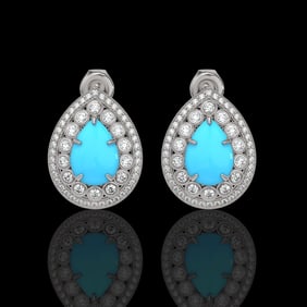 7.54 ctw Turquoise & Diamond Victorian Earrings 14K White Gold
