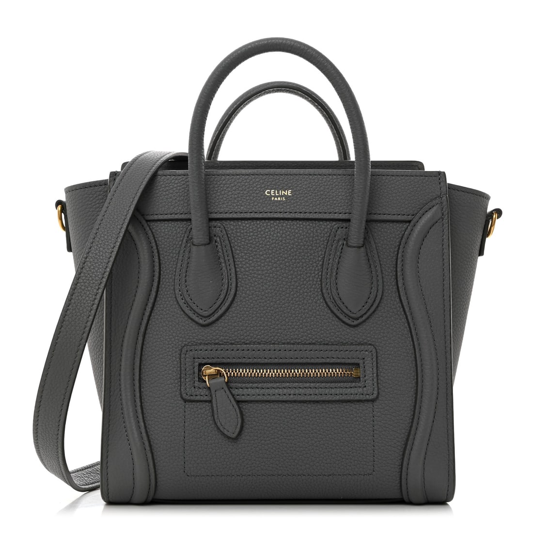 Celine Baby Drummed Calfskin Nano Luggage: Celine Baby Drummed Calfskin Nano Luggage Kohl Brand: CELINE Condition: Excellent Condition Details: Interior: Surface wear, Exterior: Faint scuffs, Hardware: Faint scratch(es), , Dust bag, Strap Base