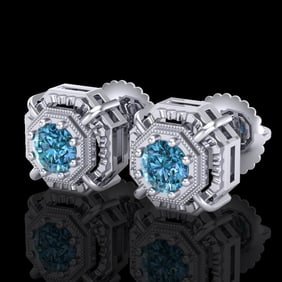 1.11 ctw Fancy Intense Blue Diamond Art Deco Earrings 18k White Gold