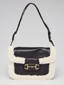 Gucci Black/White Leather/Shearling 1955Horsebit Shoulder Bag