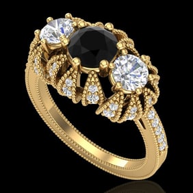 2.26 ctw Fancy Black Diamond Art Deco 3 Stone Ring 18k Yellow Gold