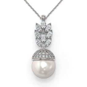 3.69 ctw Marquise Diamond & Pearl Necklace 18K White Gold