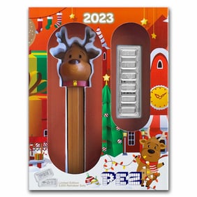 2023 PEZ Gift Set w/Reindeer Dispenser & 6x5 gram Silver Wafers