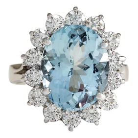 Natural Aquamarine Diamond Ring In 14
