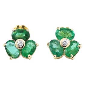 Emerald Diamond Stud Earrings 14K Yellow Gold