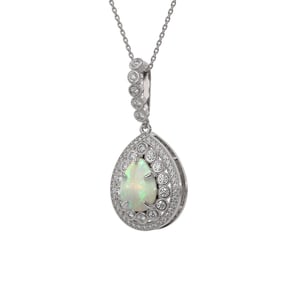 4.14 ctw Certified Opal & Diamond Victorian Necklace 14K White Gold