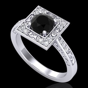 1.1 ctw Fancy Black Diamond Engagment Art Deco Ring 18k White Gold