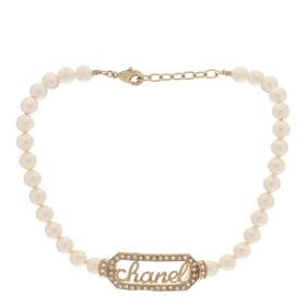 Chanel Pearl Crystal Logo Choker Gold