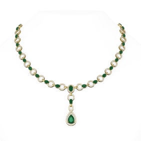 28.04 ctw Emerald & Diamond Necklace 18K Yellow Gold