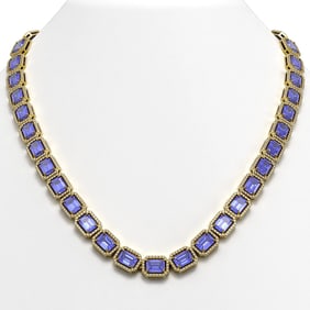 56.69 ctw Tanzanite & Diamond Micro Pave Halo Necklace 10k Yellow Gold