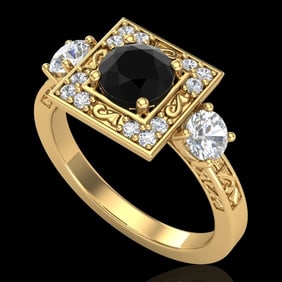 1.55 ctw Fancy Black Diamond Art Deco 3 Stone Ring 18k Yellow Gold