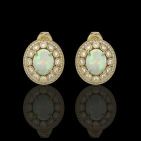 7.4 ctw Certified Opal & Diamond Victorian Earrings 14K Yellow Gold